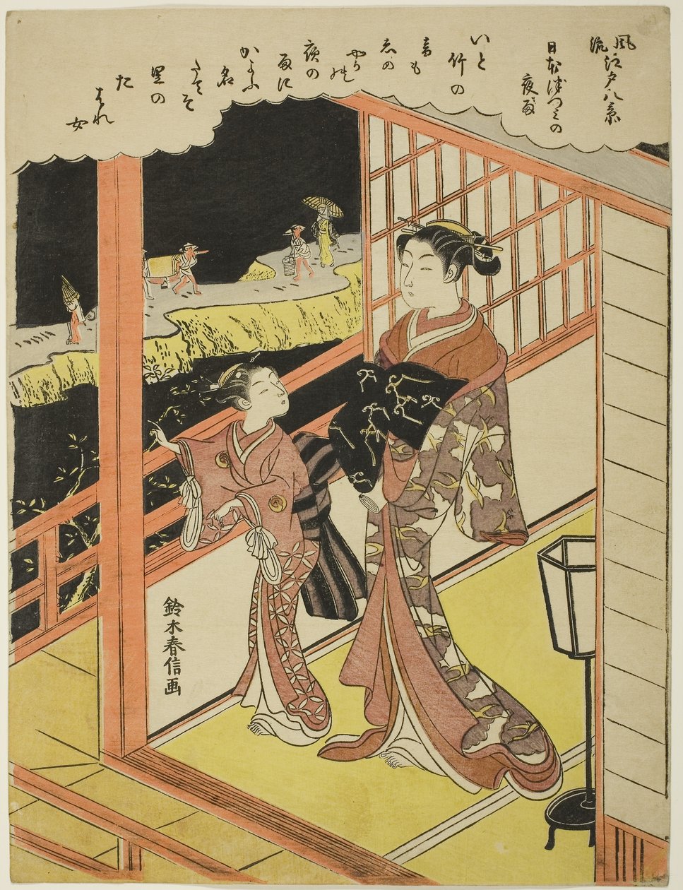 Avondregen bij Nihonzutsumi (Nihonzutsumi no yau), uit de serie "Acht modieuze gezichten op Edo (Furyu Edo hakkei)", ca. 1768-69 (kleurenhoutsnede; chuban) door Suzuki Harunobu