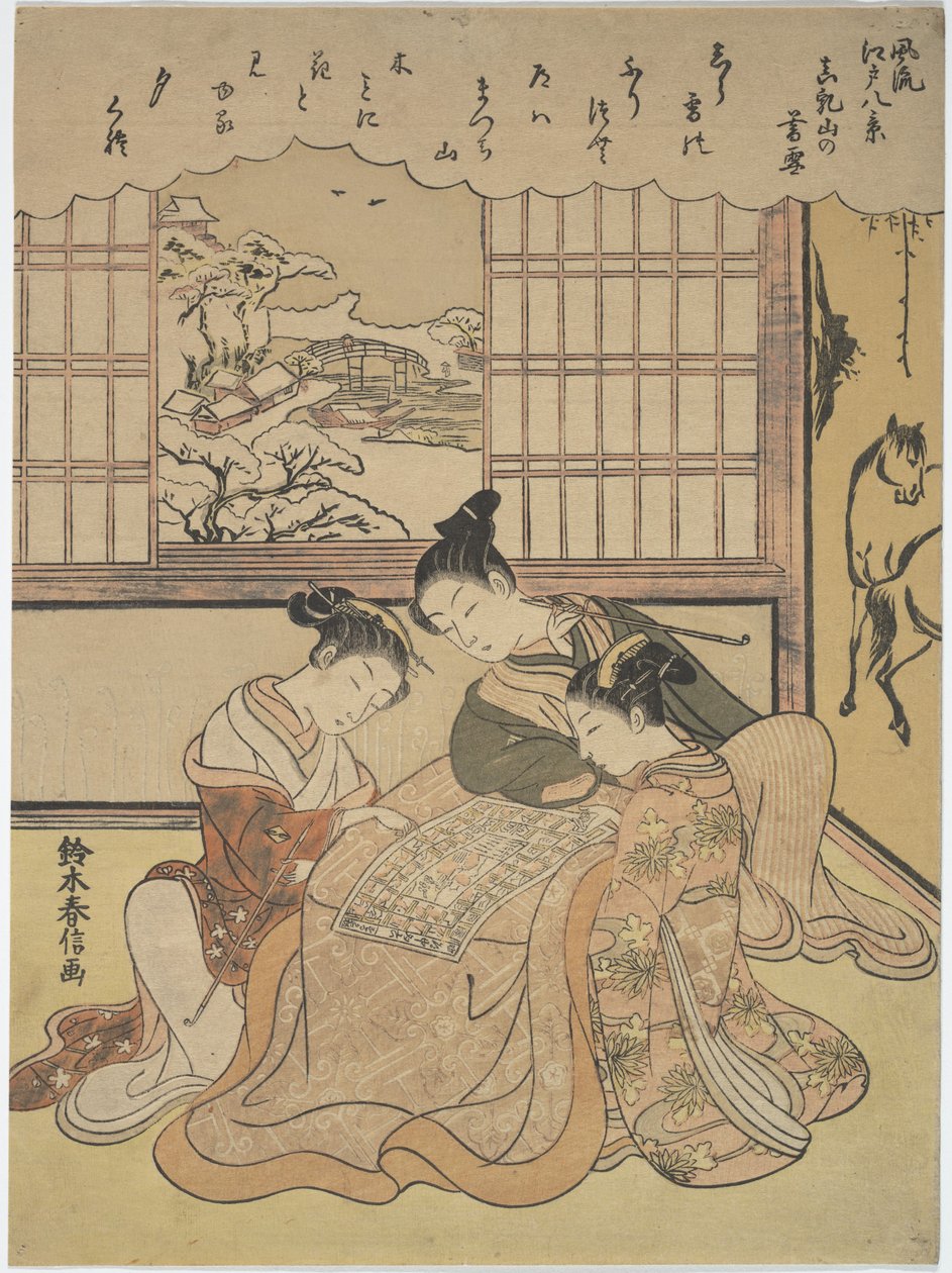 Avondsneeuw op de Matsuchi-heuvel, uit de serie Acht modieuze gezichten op Edo (Furyu Edo hakkei) door Suzuki Harunobu