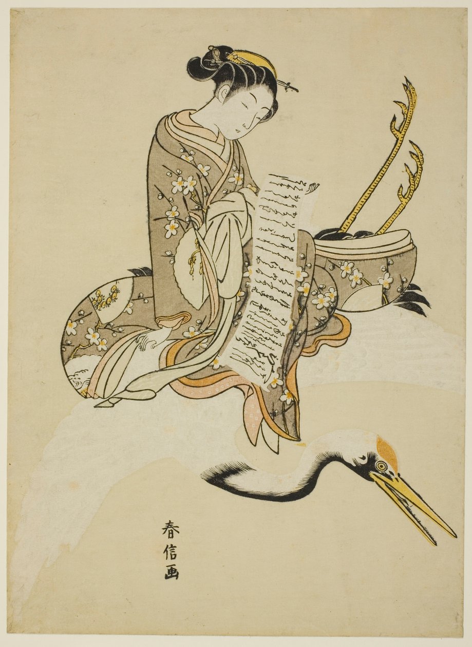 Meisje dat op een Kraanvogel Rijdt (parodie op Hi Chobo [Chinees: Fei Zhangfang]) door Suzuki Harunobu