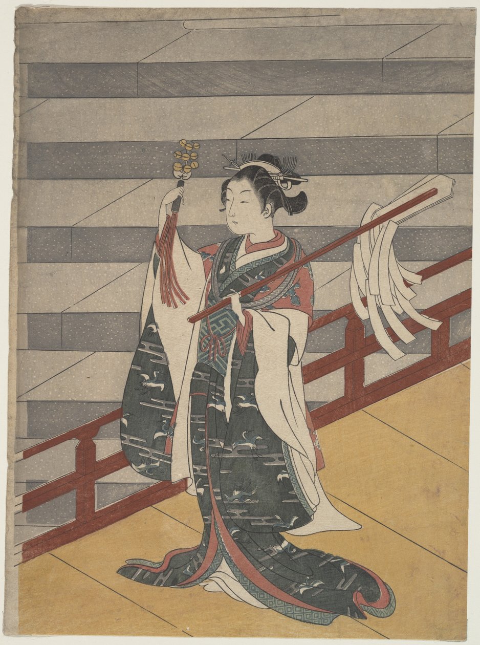 Meisje op een balkon boven een stenen trap door Suzuki Harunobu