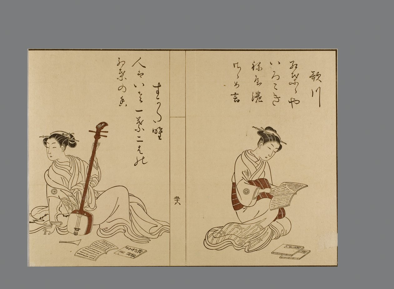 Schoonheden in Harunobu-stijl lezen en poseren met samisen door Suzuki Harunobu