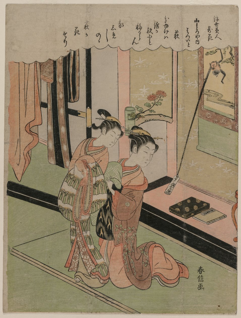 Hatsuito van de Yamashiroya Vergeleken met Bush Clover uit de serie Schoonheden van de Drijvende Wereld Vergeleken met Bloemen door Suzuki Harunobu