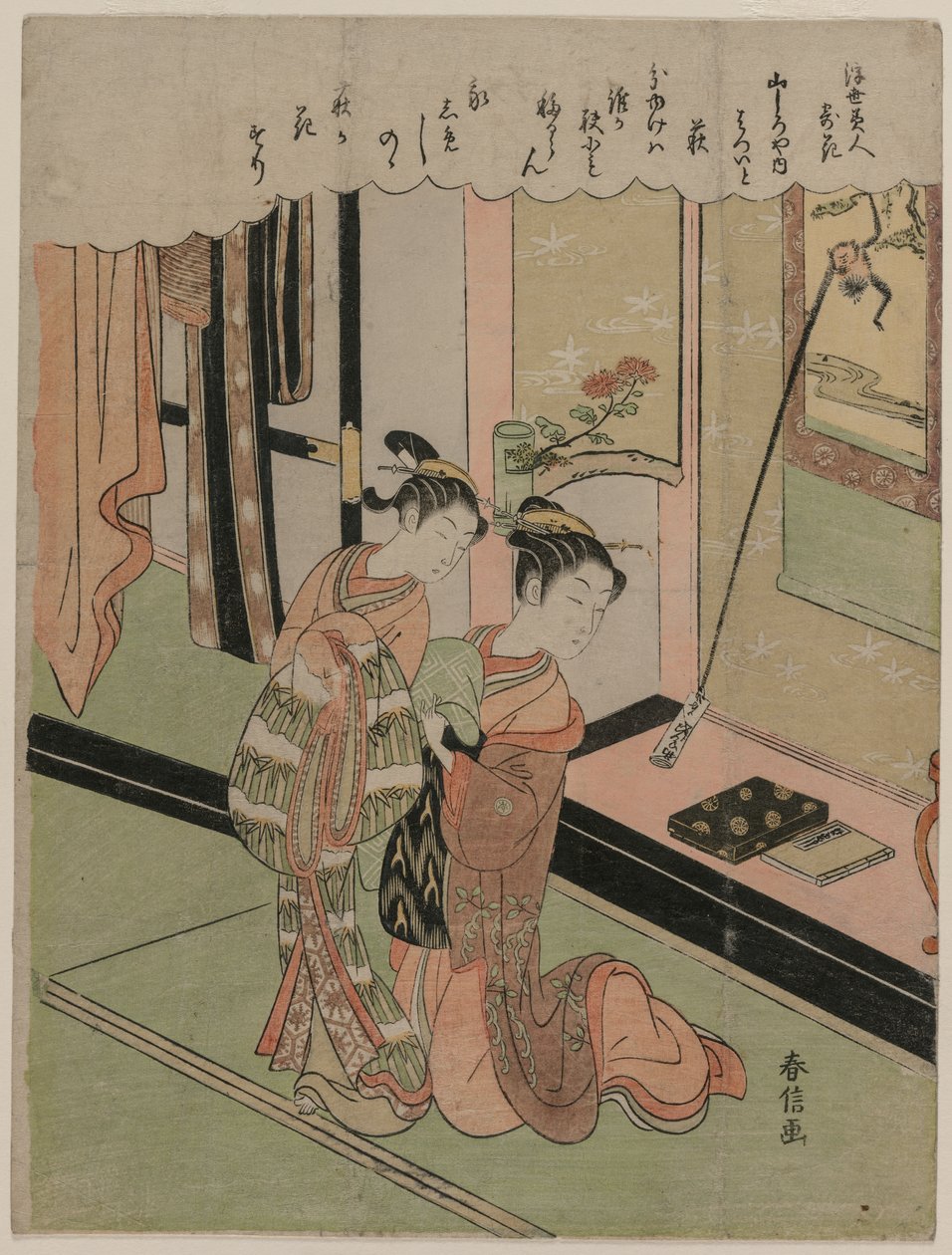 Hatsuito van de Yamashiroya Vergeleken met Bush Clover uit de serie Schoonheden van de Drijvende Wereld Vergeleken met Bloemen door Suzuki Harunobu
