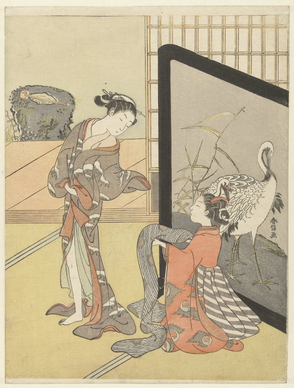 Het kiezen van een obi door Suzuki Harunobu