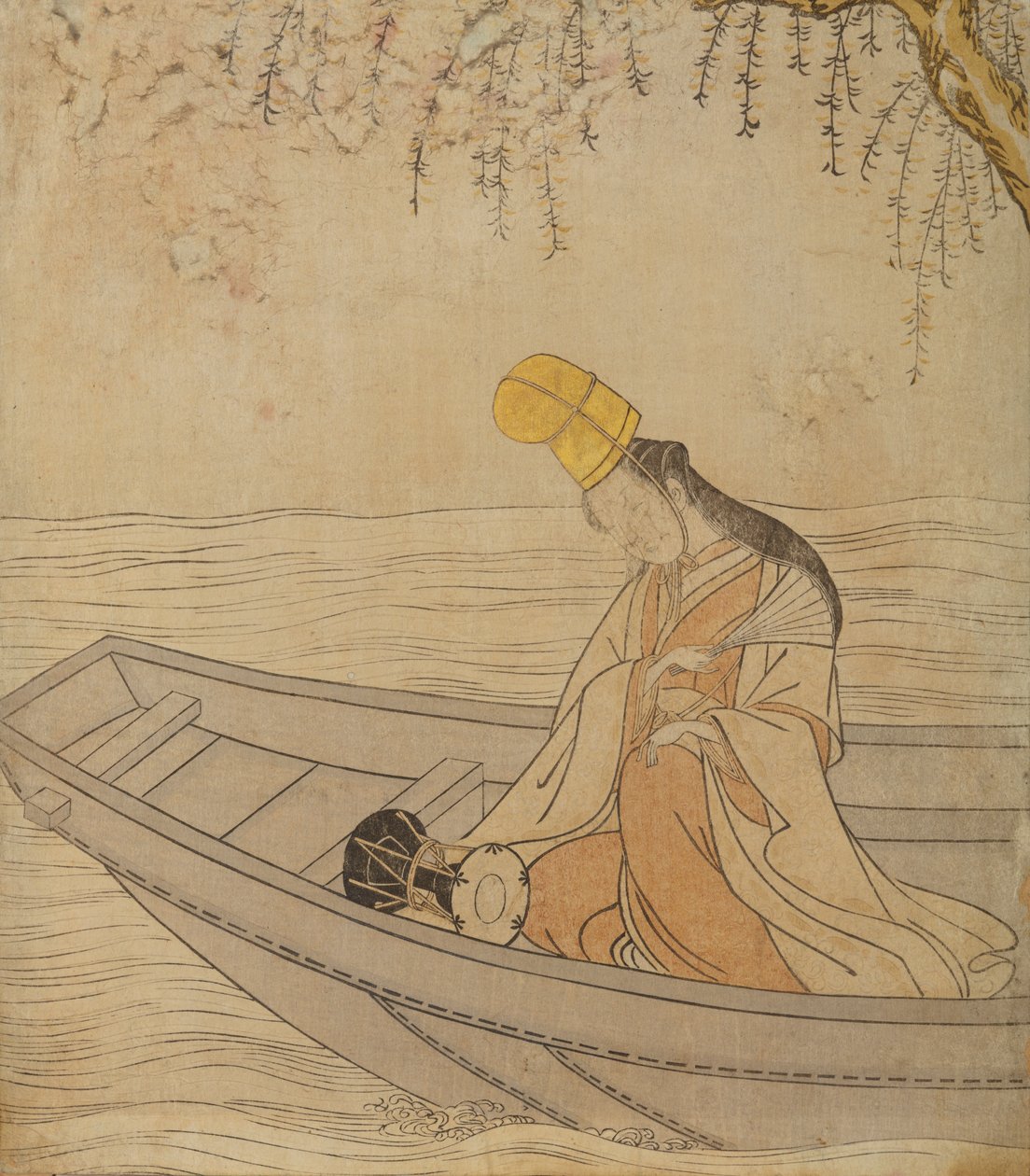 Een vrouw in een boot door Suzuki Harunobu