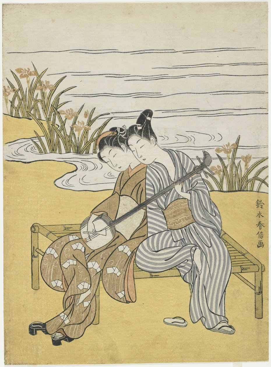 Liefhebbers die dezelfde shamisen spelen als een Mitate van keizer Xuanzong en Yang Guifei, c. 1767 door Suzuki Harunobu