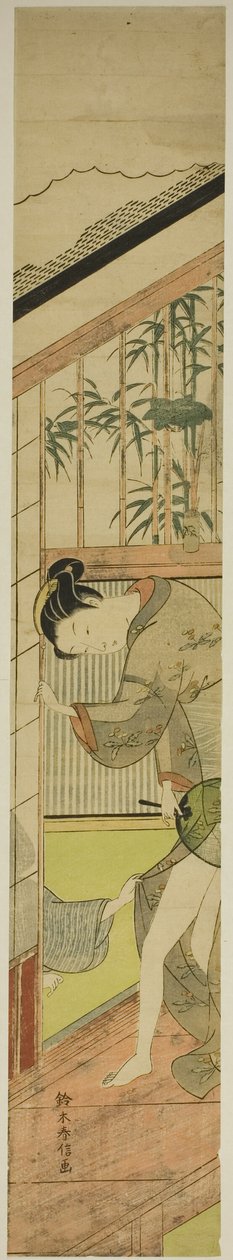 Man die aan de kimono van een vrouw trekt door Suzuki Harunobu