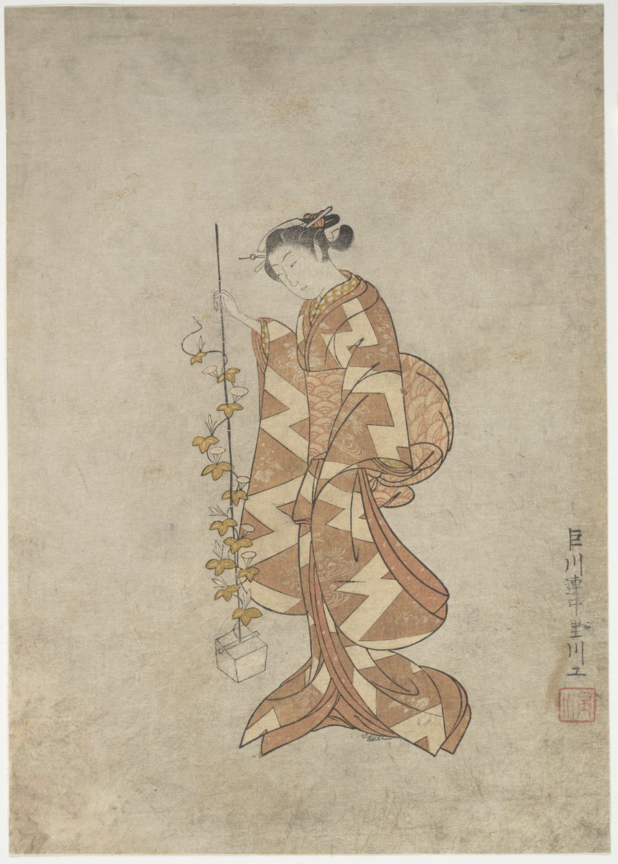 Moderne voorstelling van de dichteres Kaga no Chiyo door Suzuki Harunobu