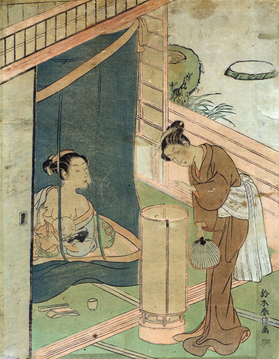 Moeder en kind achter muskietennet door Harunobu Suzuki door Suzuki Harunobu