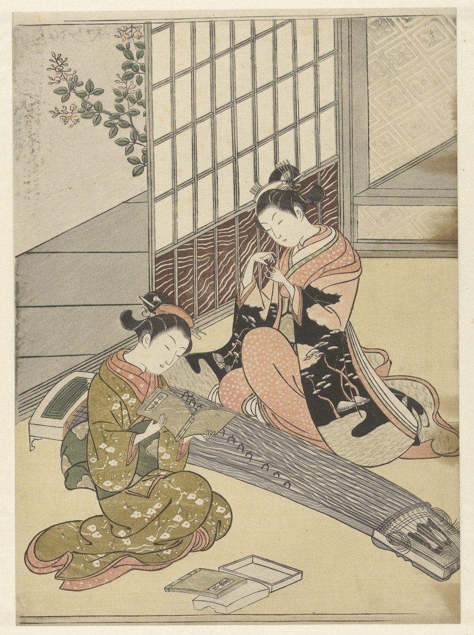 Neerstrijkende ganzen bij de koto bruggen (Acht salongezichten) door Suzuki Harunobu