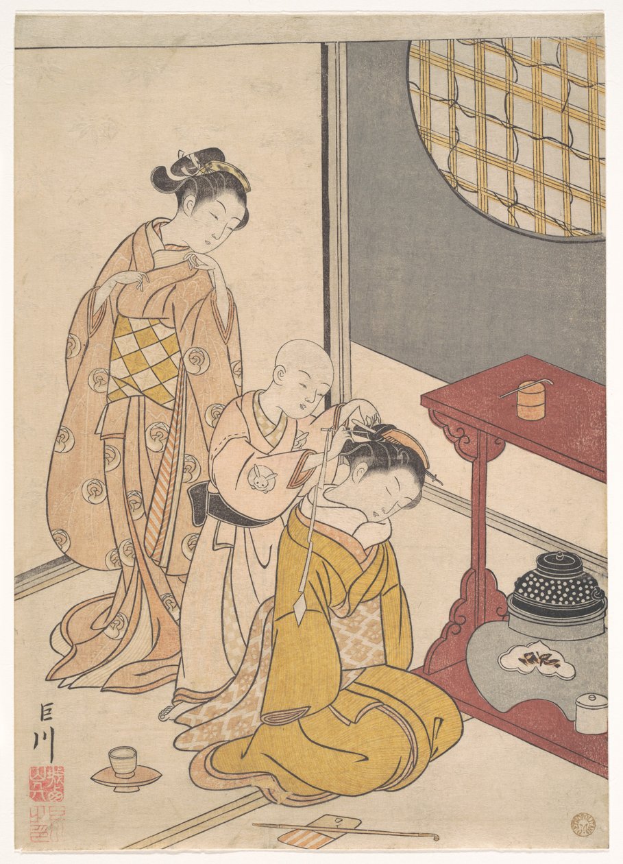 Nachtregen bij de standaard met dubbele plank, uit de serie Acht salongezichten (Zashiki hakkei) door Suzuki Harunobu