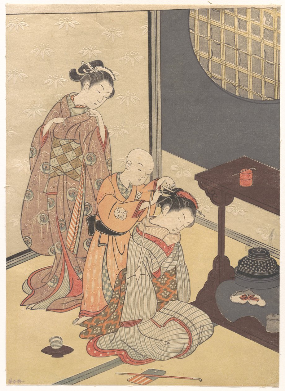 Nachtregen bij de kraam met dubbele plank, uit de serie Acht salongezichten (Zashiki hakkei) door Suzuki Harunobu