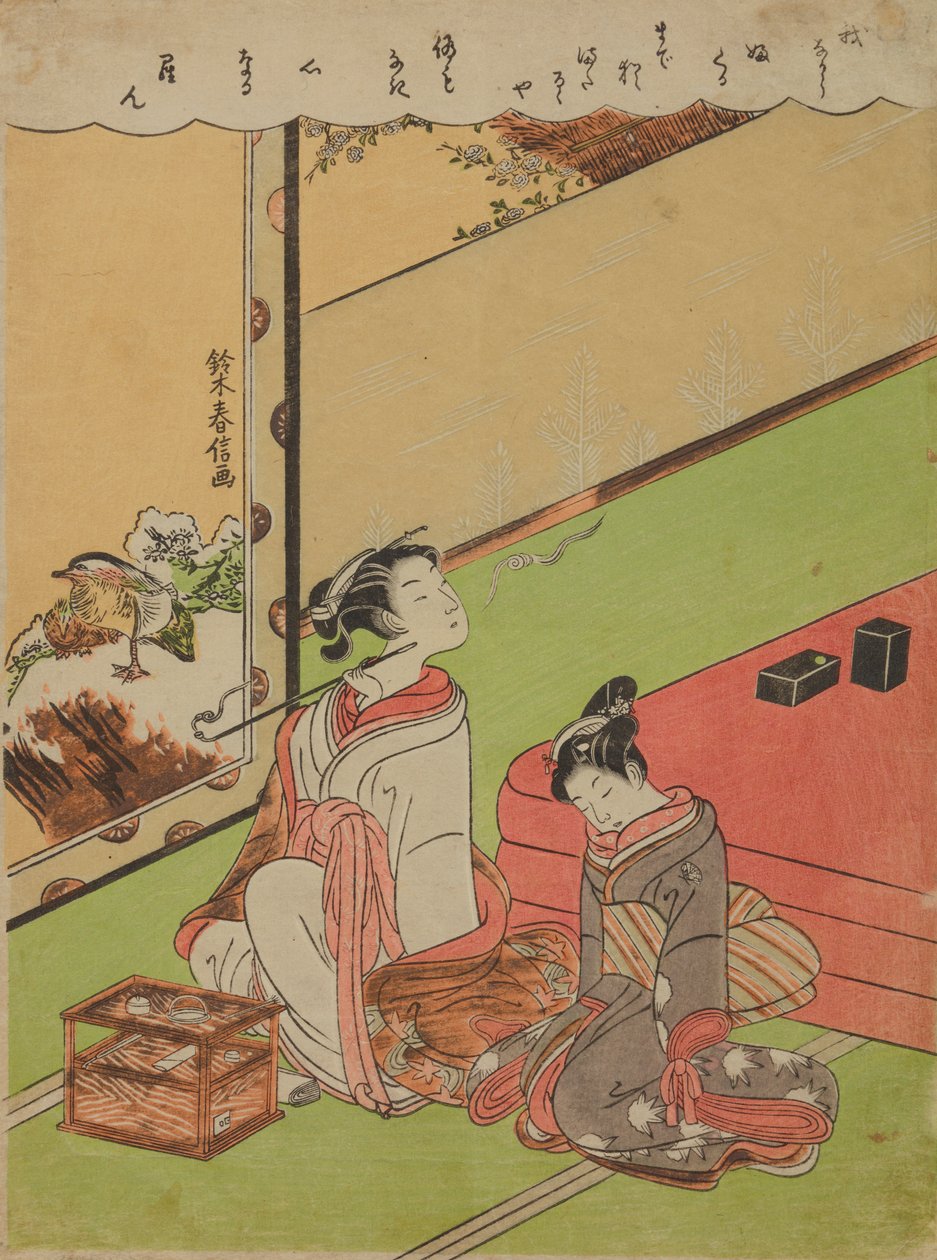 Oiran die een pijp rookt en haar dommelende dienstmeid door Suzuki Harunobu
