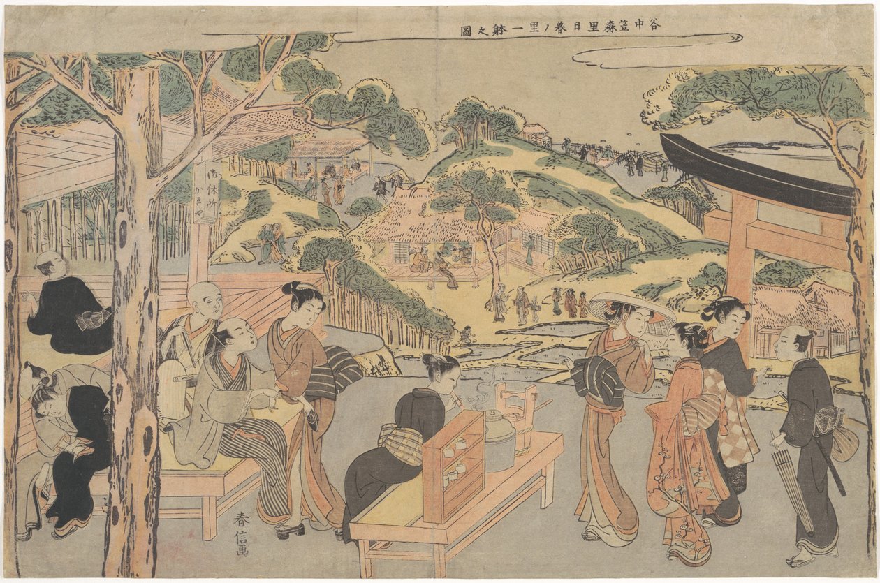 Osen van het Kagiya-theehuis bij het Kasamori-heiligdom met uitzicht op Nippori in Yanaka door Suzuki Harunobu