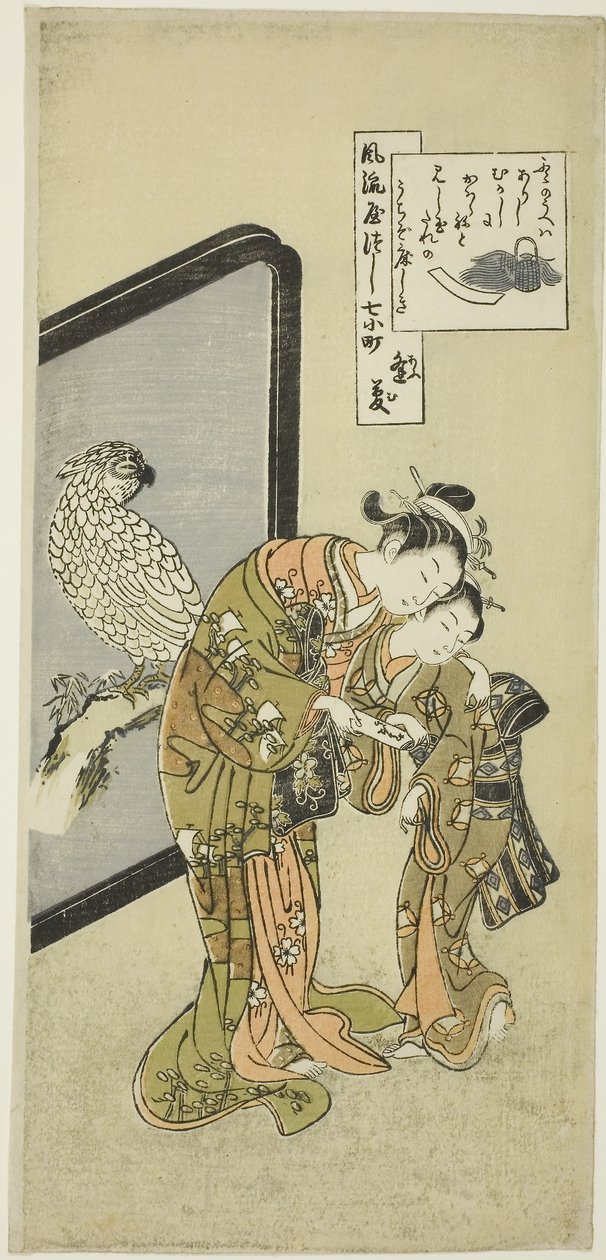 Papegaai Komachi (Omu Komachi), uit de serie De zeven modieuze aspecten van Komachi (Furyu yatsushi nana Komachi) door Suzuki Harunobu