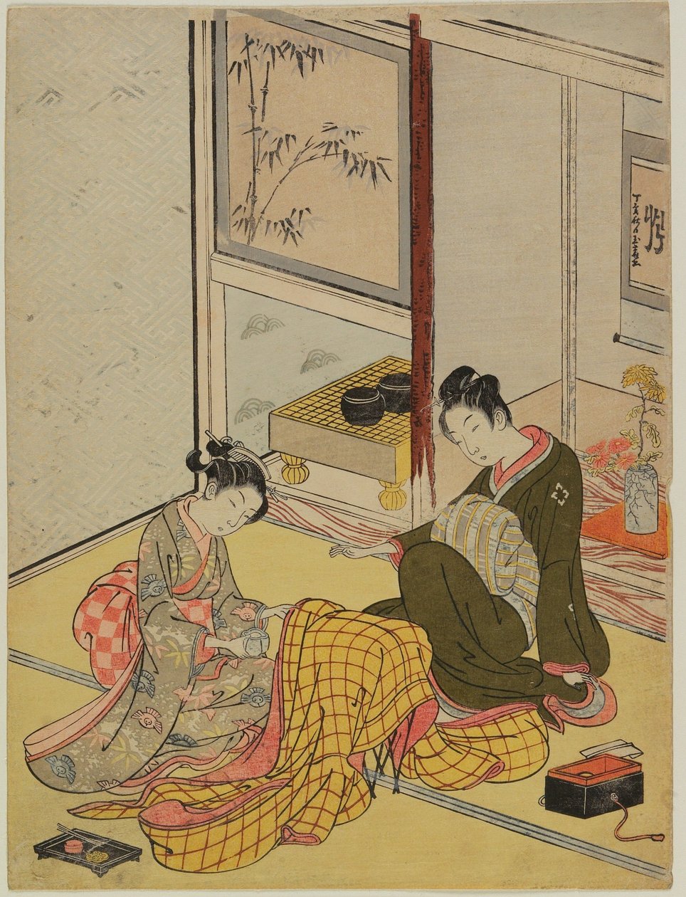 Een gewaad parfumeren als visuele parodie op de vier kunsten door Suzuki Harunobu