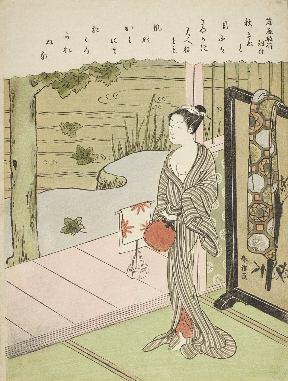 Gedicht door Fujiwara no Toshiyuki, uit een ongetitelde serie van Zesendertig Onsterfelijke Dichters, ca. 1767-68 door Suzuki Harunobu