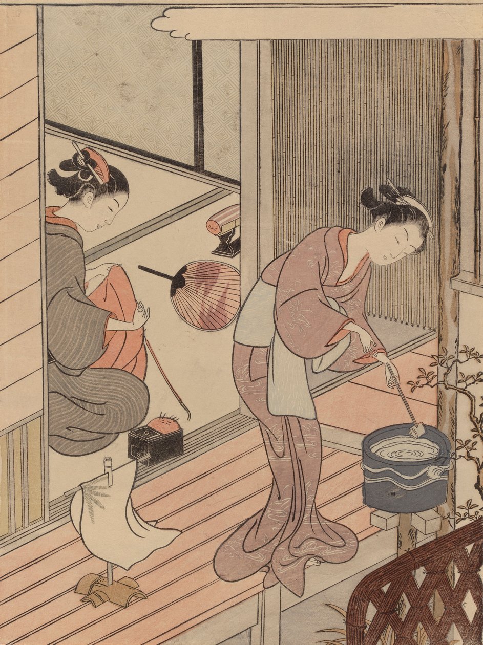 Terugkerende zeilen van het handdoekenrek, uit de serie Acht salongezichten door Suzuki Harunobu