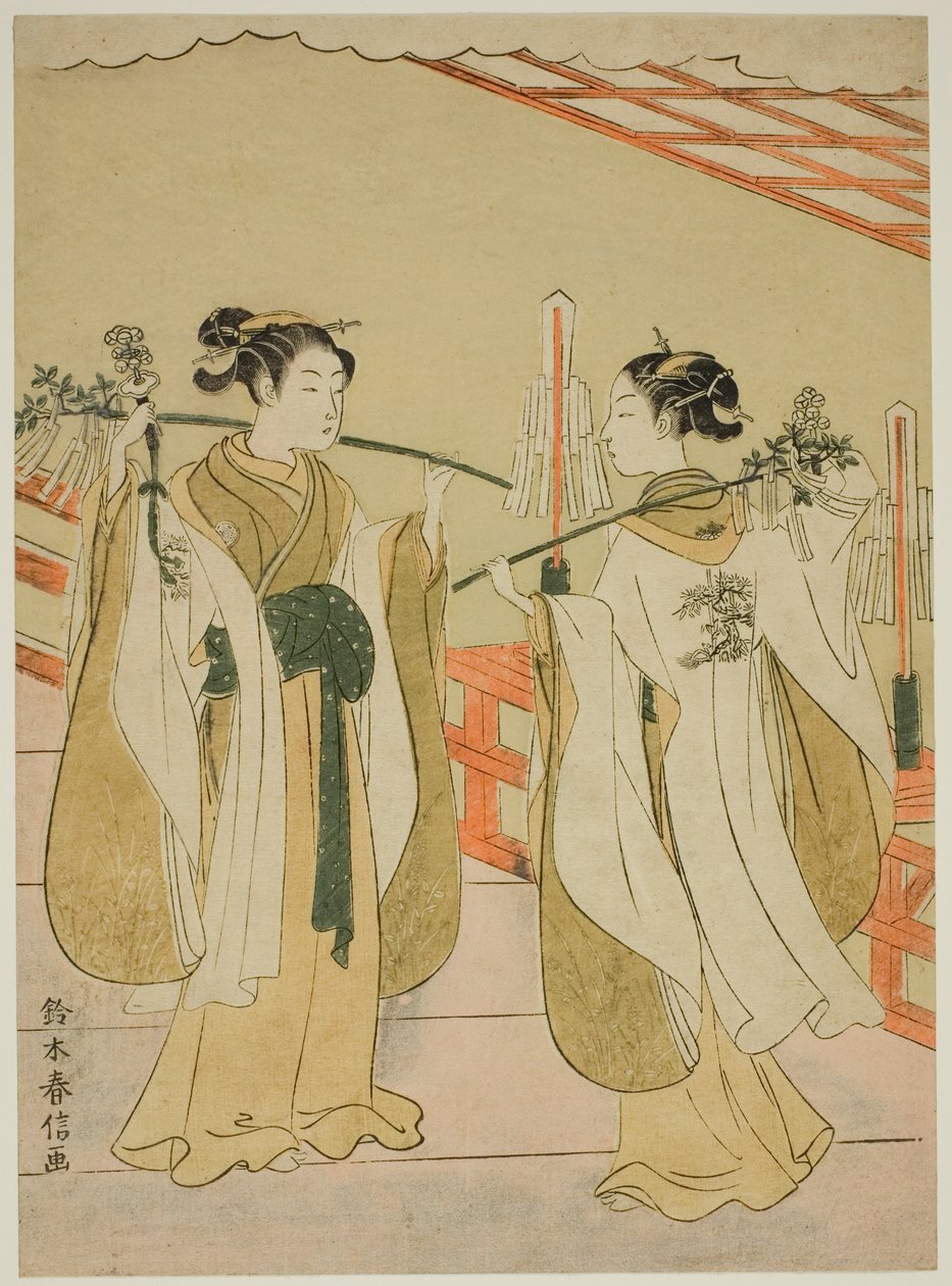 Shrine Maagden Onami en Ohatsu Dansen bij Yushima Tenjin Shrine door Suzuki Harunobu