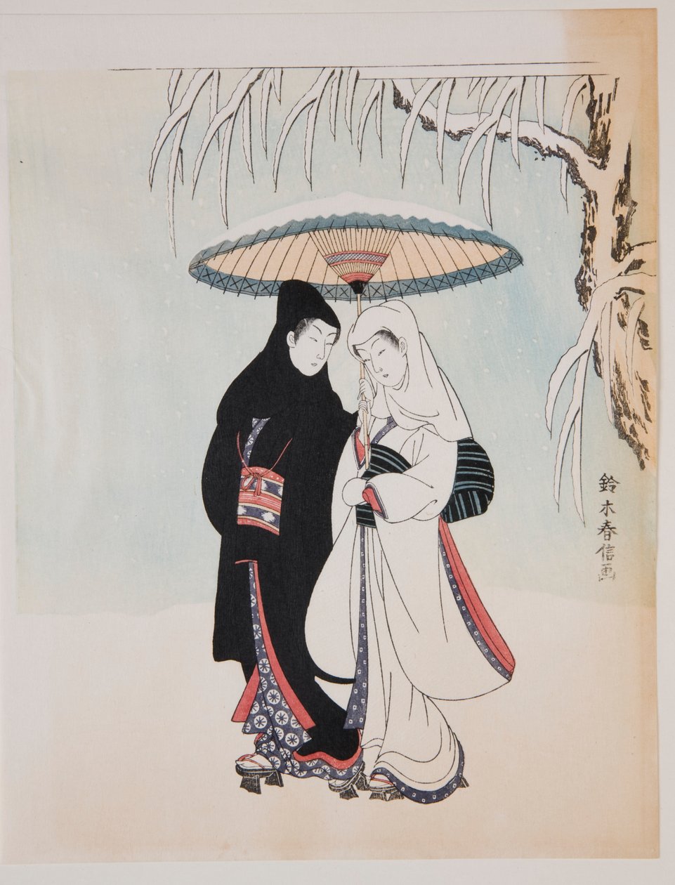Wandeling onder een parasol in de sneeuw door Suzuki Harunobu