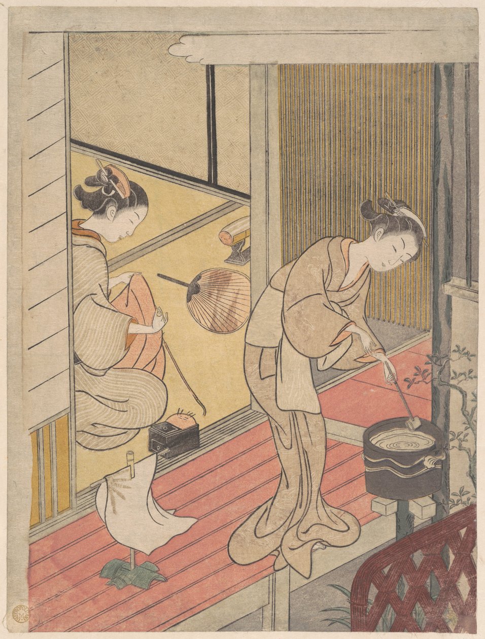 De terugkerende zeilen van het handdoekenrek door Suzuki Harunobu