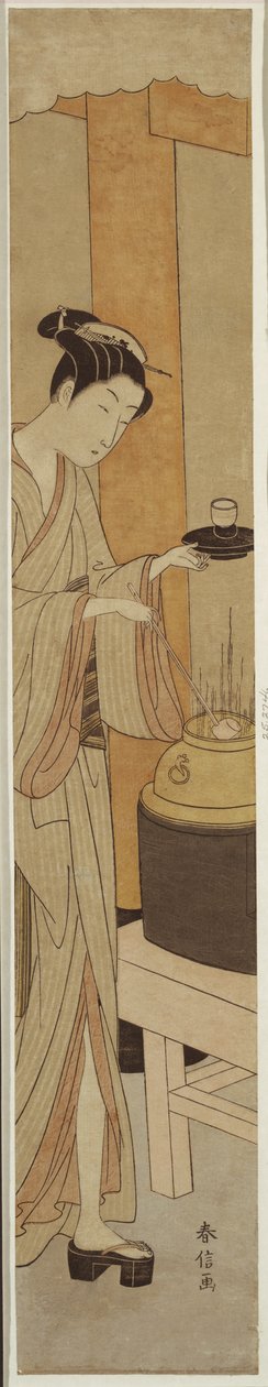 De serveerster Osen van het Kagiya Theehuis door Suzuki Harunobu