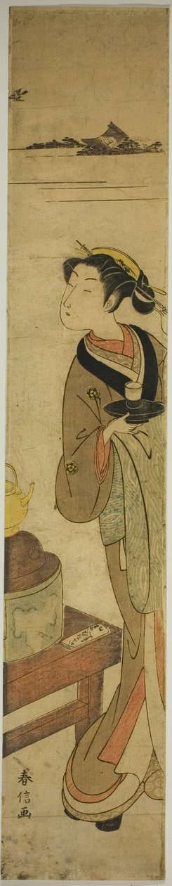 De serveerster Osen van het Kagiya-theehuis die een kopje thee draagt door Suzuki Harunobu