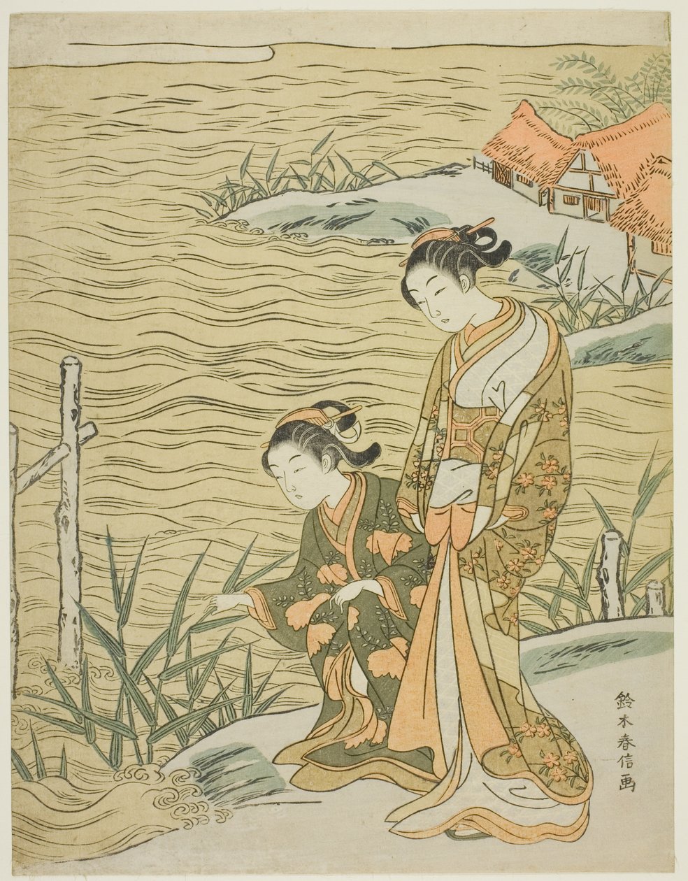 Twee vrouwen aan het water door Suzuki Harunobu