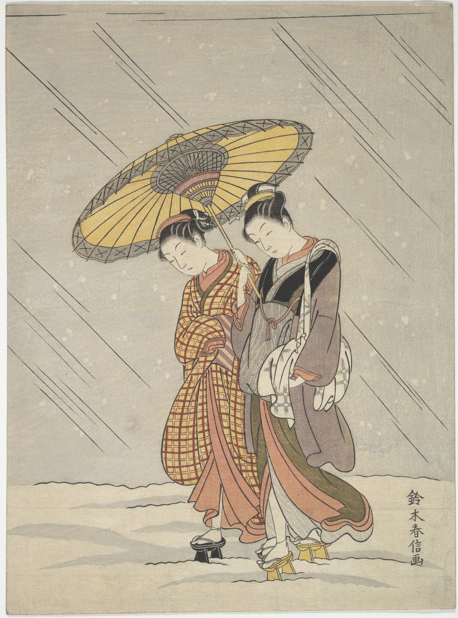 Twee vrouwen in een storm door Suzuki Harunobu