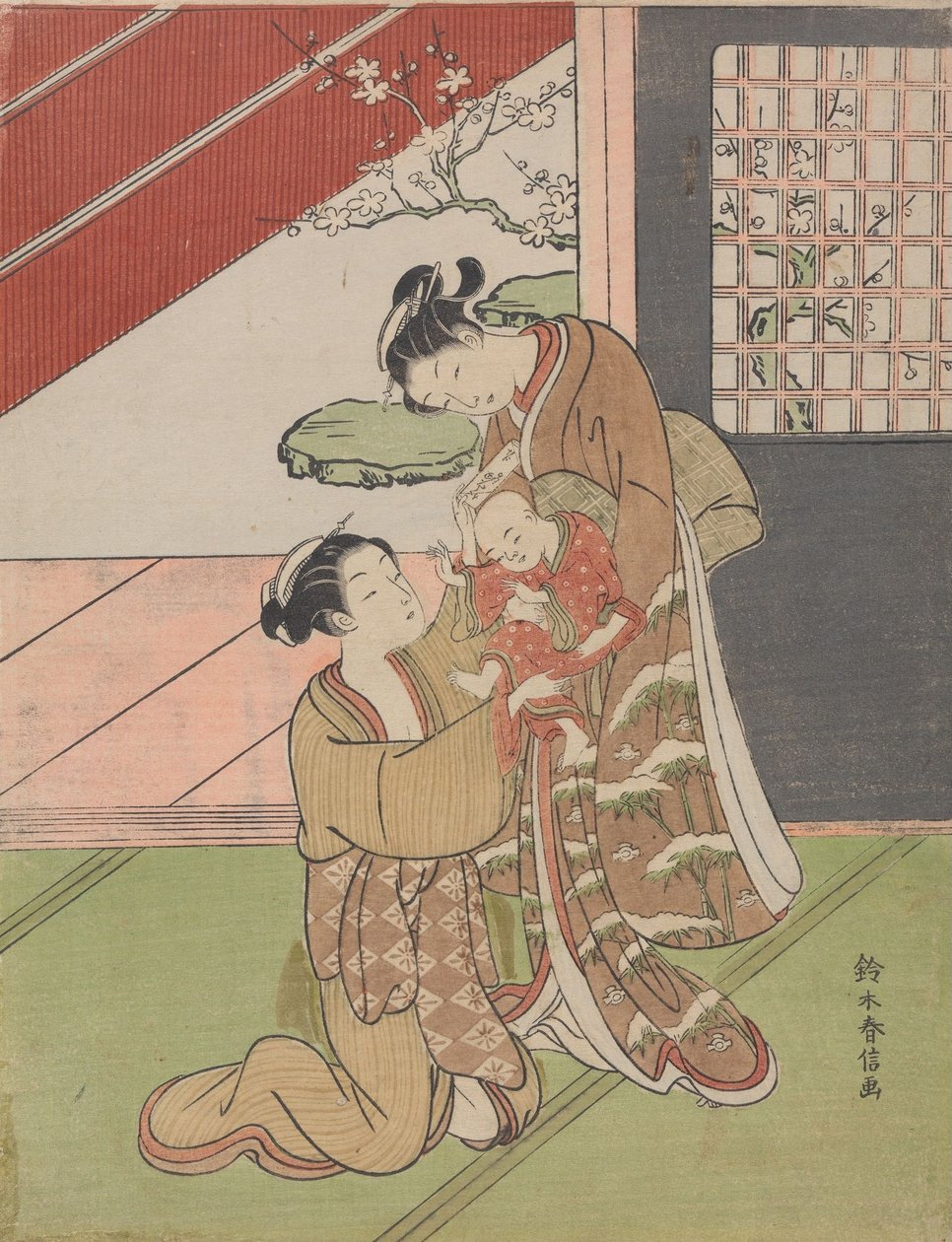 Twee vrouwen met een baby en een brief door Suzuki Harunobu