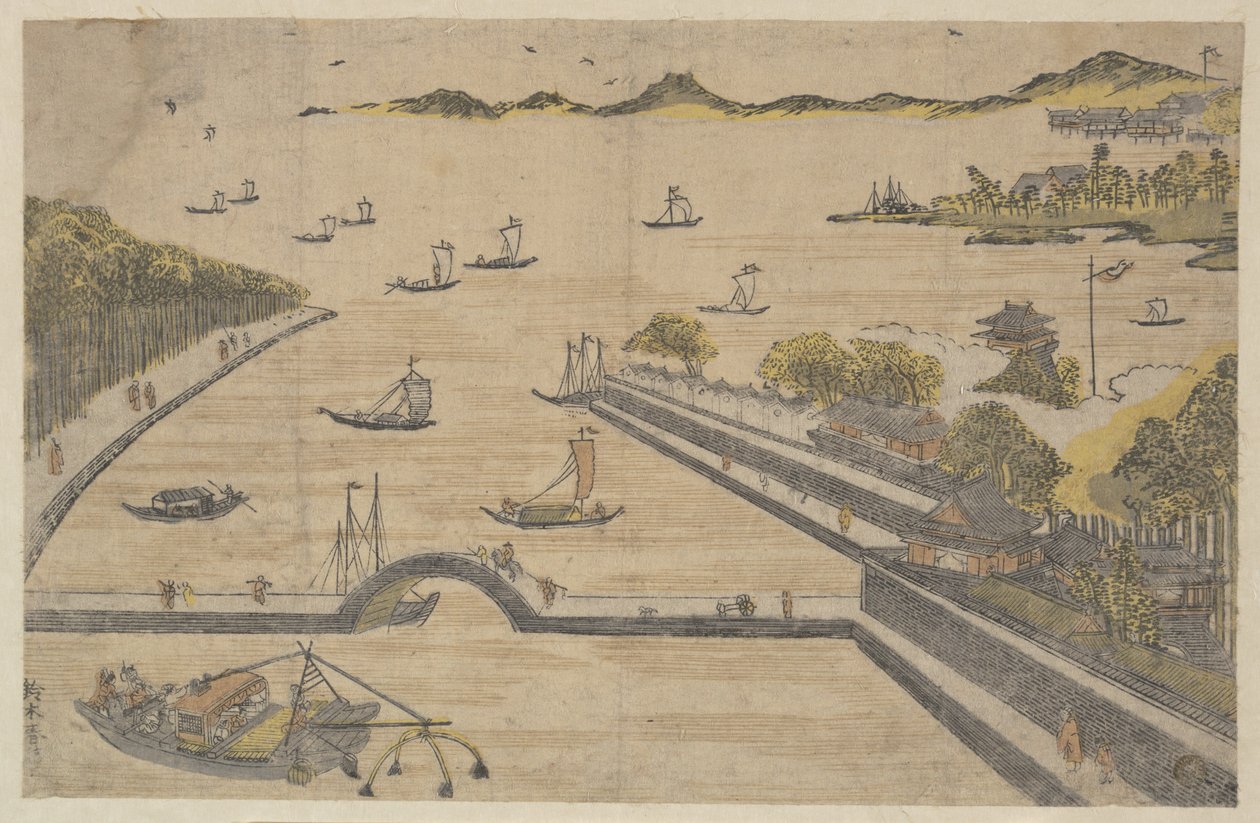 Gezicht op Fukagawa, Edo door Suzuki Harunobu