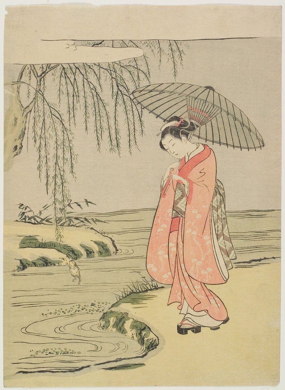 Visuele parodie op de kalligraaf Ono no Tōfū (latere uitgave) door Suzuki Harunobu