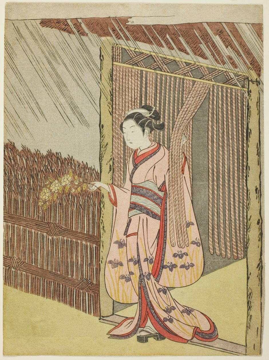 Vrouw die een Tak van Kerria Bloemen Vasthoudt in de Regen (parodie op Ota Dokan) door Suzuki Harunobu
