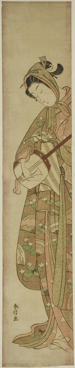 Vrouw die de Shamisen speelt door Suzuki Harunobu