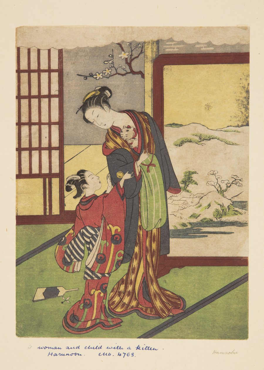 Vrouw en Kind met Kitten door Suzuki Harunobu