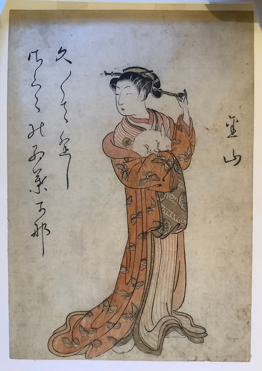 Vrouw en konijn, uit de serie Schoonheden van de wijken van Yoshiwara door Suzuki Harunobu