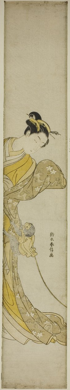 Vrouw met huisaapje door Suzuki Harunobu
