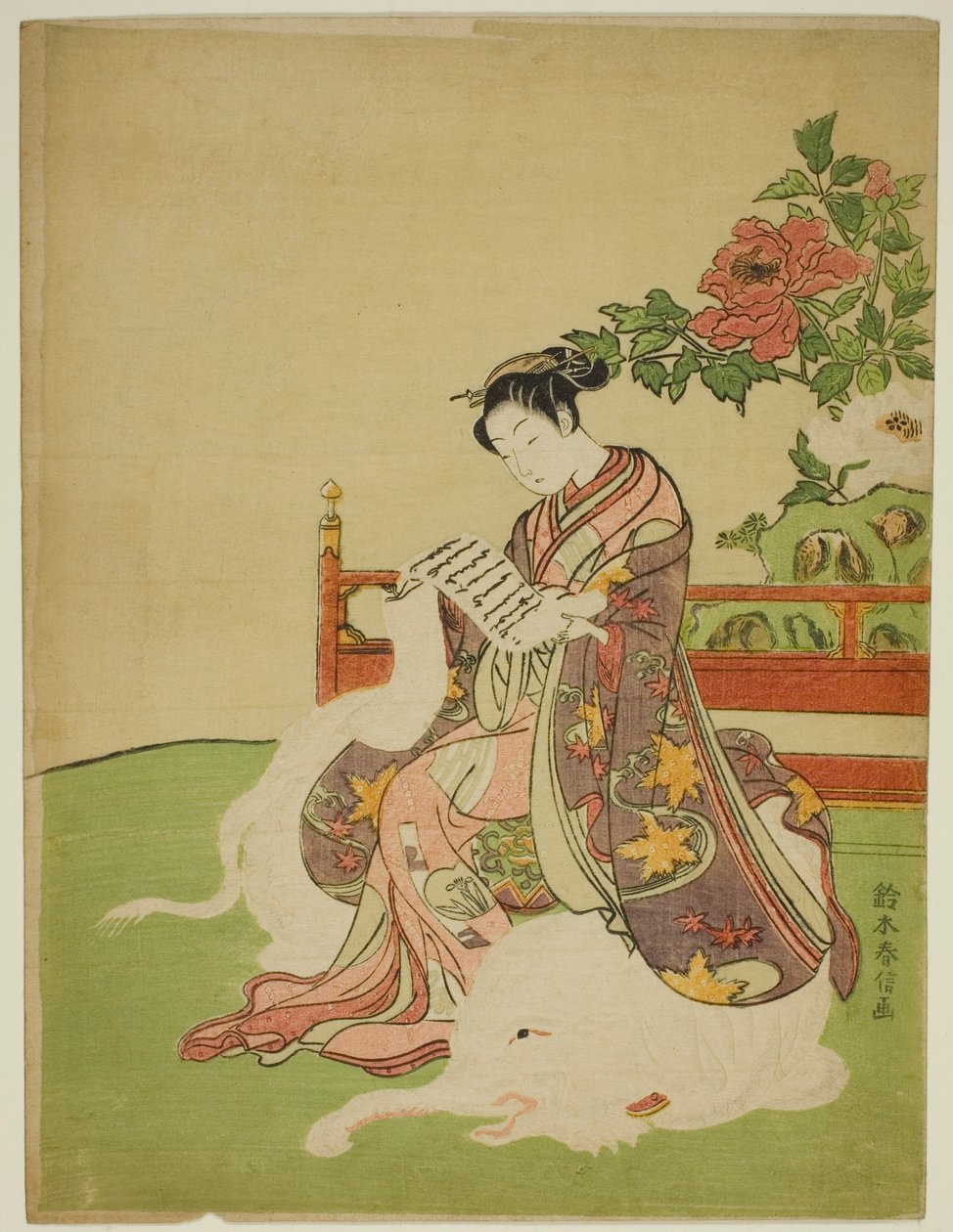 Jonge vrouw zittend op een witte olifant (parodie op de Bodhisattva Fugen) door Suzuki Harunobu