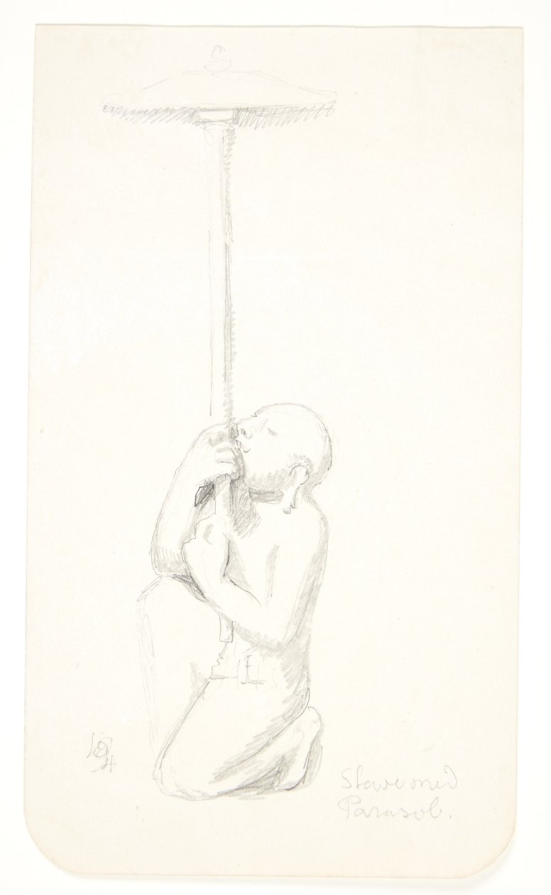 "Slaaf met parasol". Studieblad naar reliëfs in Borobudur, Java. door Svend Rathsack