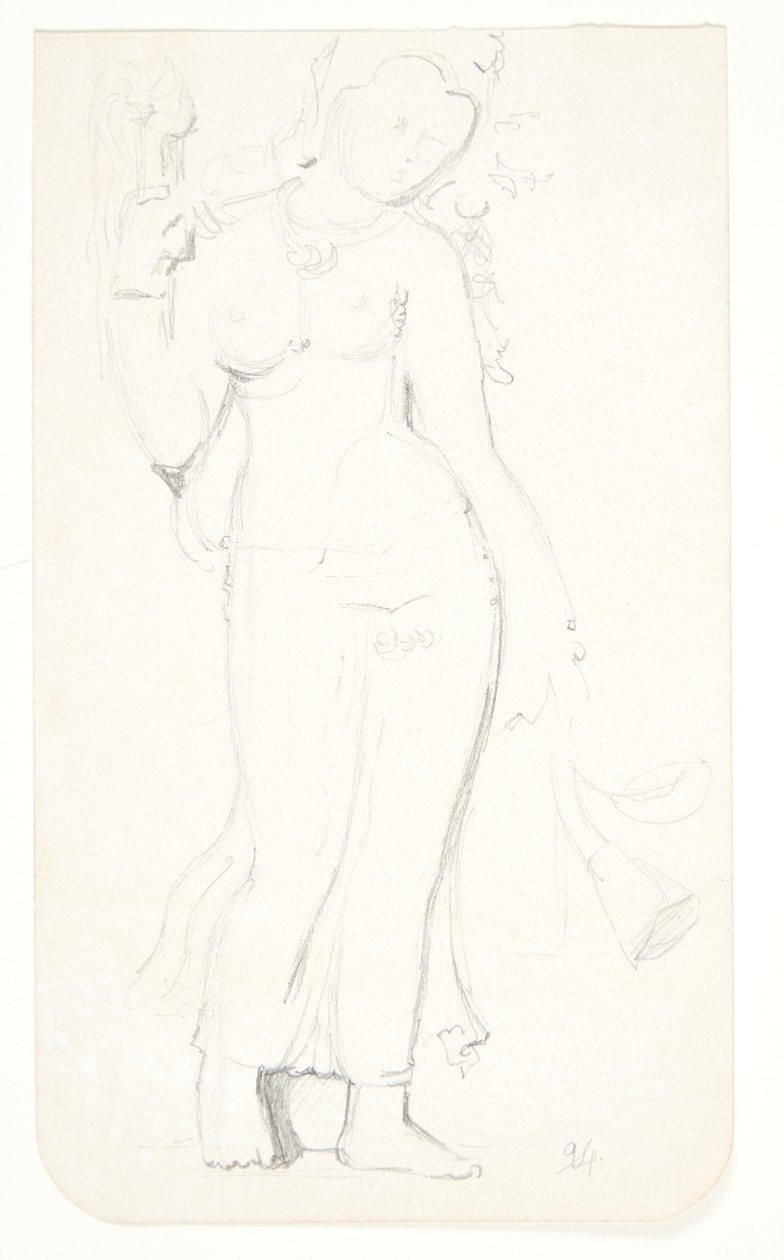 Staande vrouw. Studieblad naar reliëfs in Borobudur, Java door Svend Rathsack