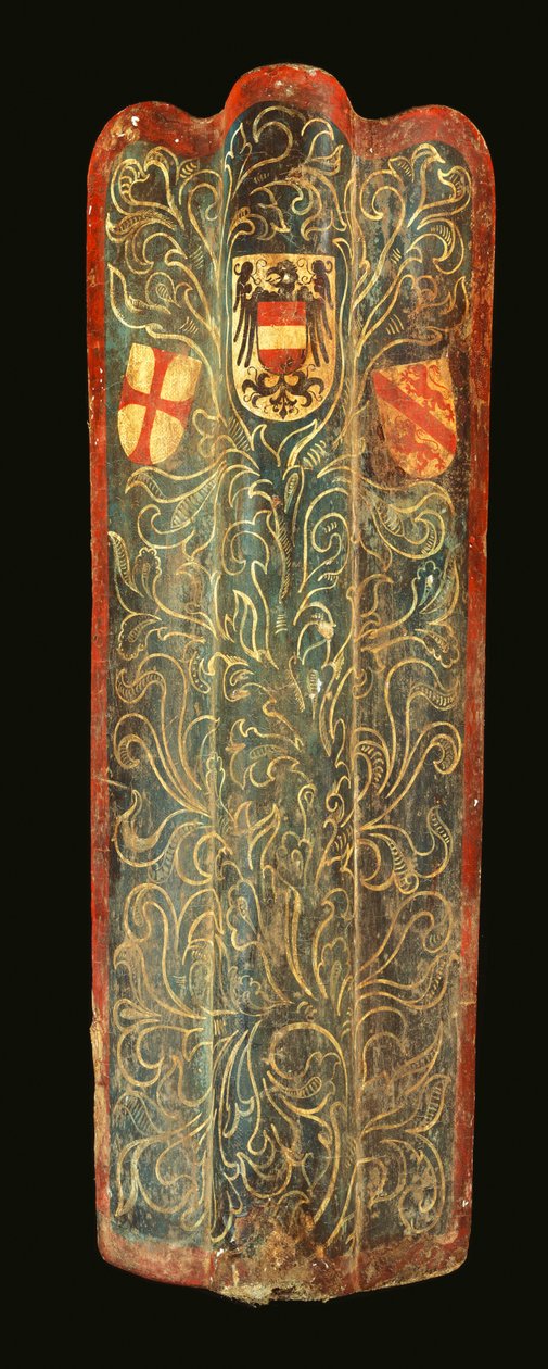 Een zeldzame Zwitserse pavise van hout bedekt met gesso beschilderd canvas van groen scrollend loofontwerp en de wapenschilden van Habsburg, de Liga van St. George en de stad Winterthur, c.1445 door Swiss School