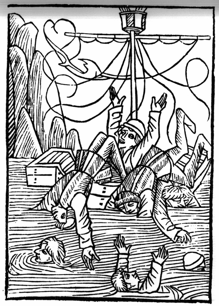 De legende van Sint Brendan (Brandan), held en Ierse heilige van de 6e eeuw. Schepen zinken in de Cleves Zee. Gravure van 
