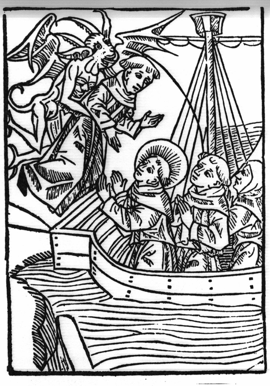 De legende van Sint Brendan (Brandan), held en Ierse heilige van de 6e eeuw. Het gebed van Sint Brandan redt de zondige monnik. Gravure van 