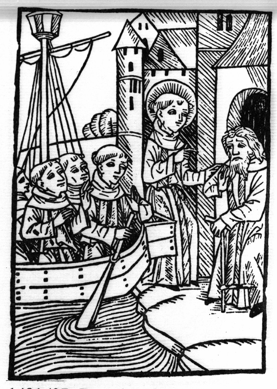De legende van Sint Brendan (Brandan), held en Ierse heilige van de 6e eeuw. De heilige ontmoet de voormalige Haylbray en begrijpt dat hij is teruggekeerd naar Schotland. Gravure uit 