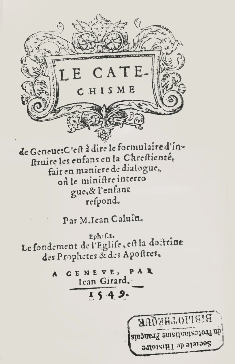 Titelpagina van de Catechismus van Johannes Calvijn, gepubliceerd Genève, 1549 door Swiss School