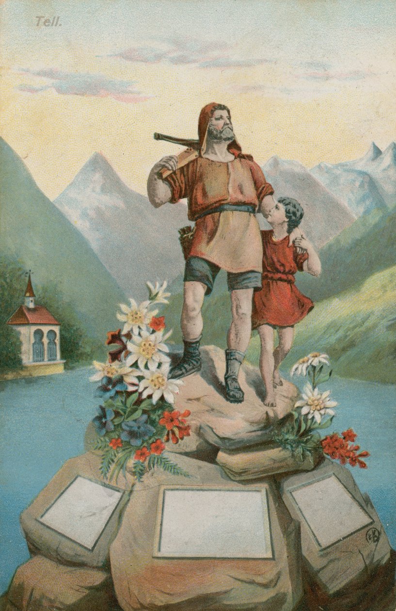 William Tell en zijn zoon (chromolitho) door Swiss School