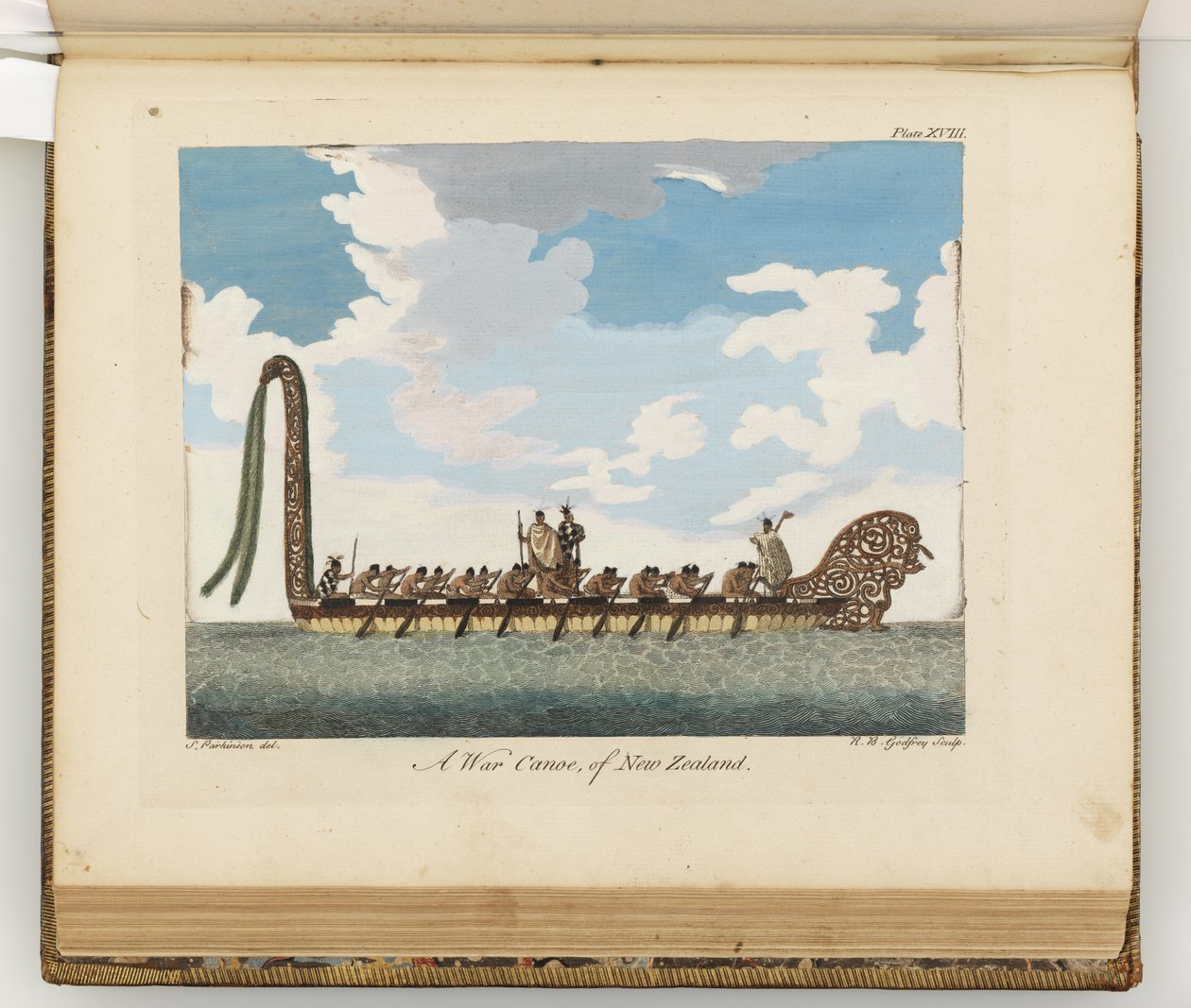 Een oorlogskano van Nieuw-Zeeland, illustratie uit Een reisverslag naar de Zuidzeeën: in Zijne Majesteits schip, de Endeavour, 1794 door Sydney