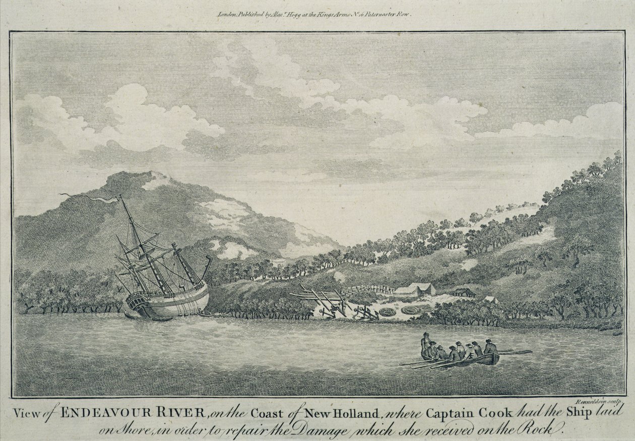 Kapitein Cook, na schipbreuk tijdens zijn reis rond de wereld, laat de Endeavour repareren in een haven op een van de Hope-eilanden, ca. 1786 (gravure) door Sydney (after) Parkinson