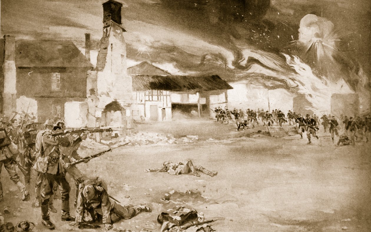 Fransen verslaan de Duitse Keizerlijke Garde in een Dorp dat Viermaal van Handen Wisselde, 1914-19 door Sydney Adamson