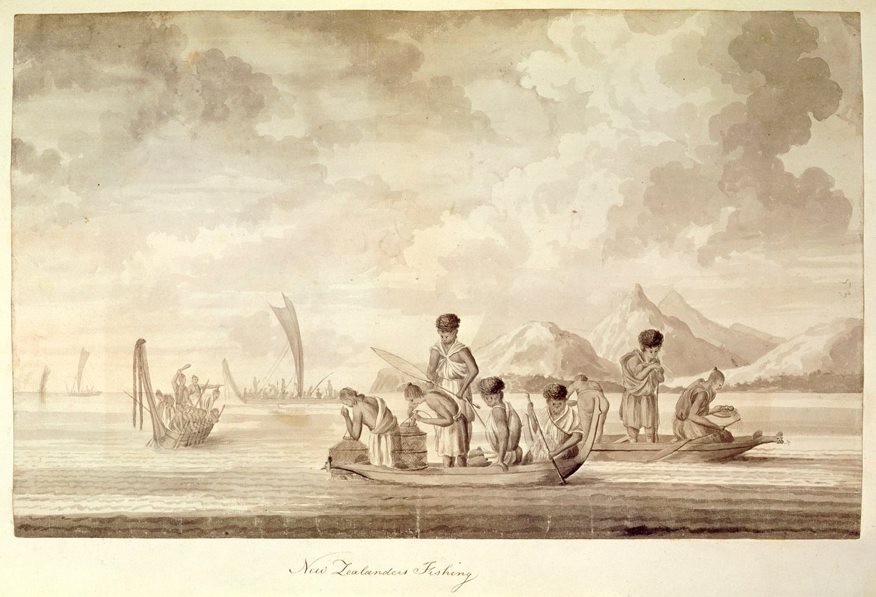 Nieuw-Zeelanders aan het vissen, januari 1770 door Sydney Parkinson
